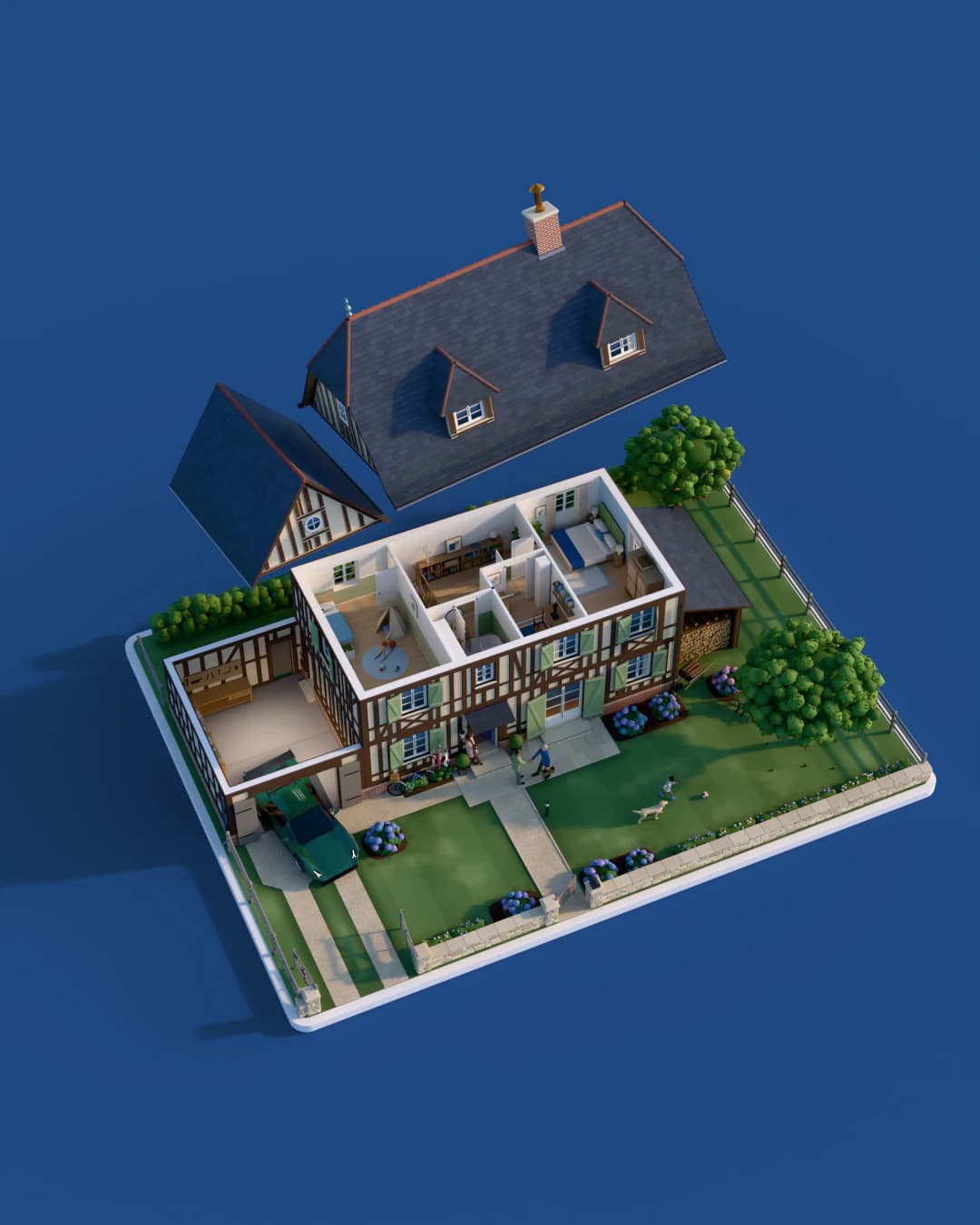La même maquette, toit soulevé au-dessus de la maison : on voit l’étage, avec la chambre parentale, la chambre d’enfant, le bureau et la salle de bain, et le garage, d’où sort à moitié une voiture de sport vert anglais.
