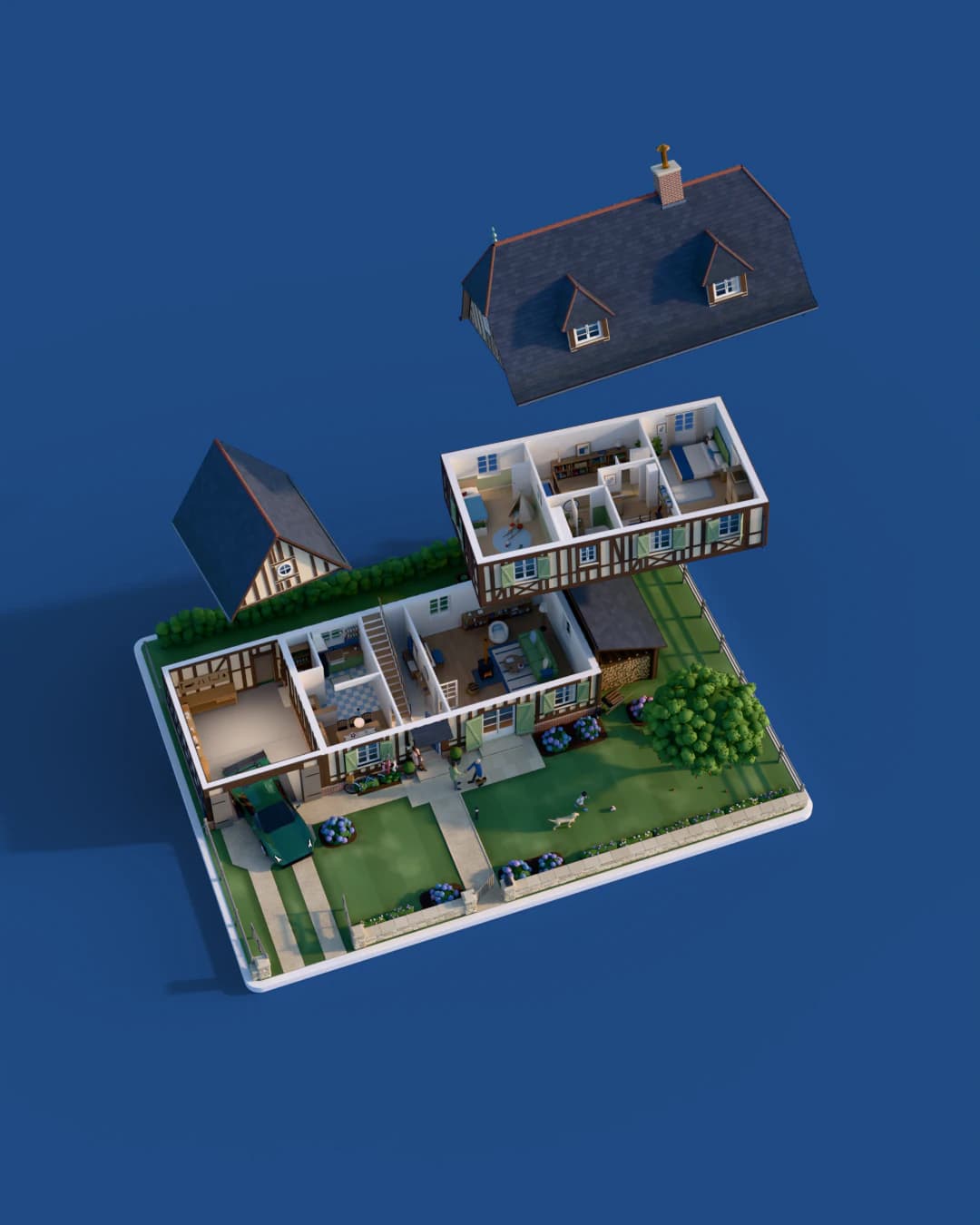La même maquette, toit soulevé et étage décalé sur le côté : on voit le rez-de-chaussée, avec l’entrée et son escalier, le séjour et son poêle, la cuisine, la salle à manger, le cellier et le garage.