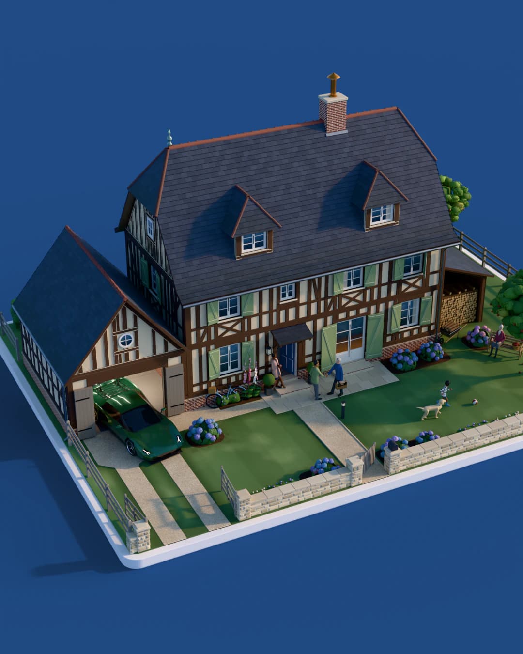 Maquette 3D d’une maison normande à colombages, toit d’ardoise à lucarnes et faîtage de terre cuite, conduit de poêle en cuivre, dans la lumière dorée d’une fin d’après-midi. Une voiture de sport vert anglais, un dessin original, sort à moitié du garage ouvert, le nez sur le gravier. Dans le jardin : hortensias bleus et lilas, pommiers, muret de pierre et barrières de chêne gris. Devant la porte, l’artisan, sa caisse à outils à la main, serre la main du propriétaire ; un enfant joue au ballon avec un chien, une grand-mère est assise sur un banc.