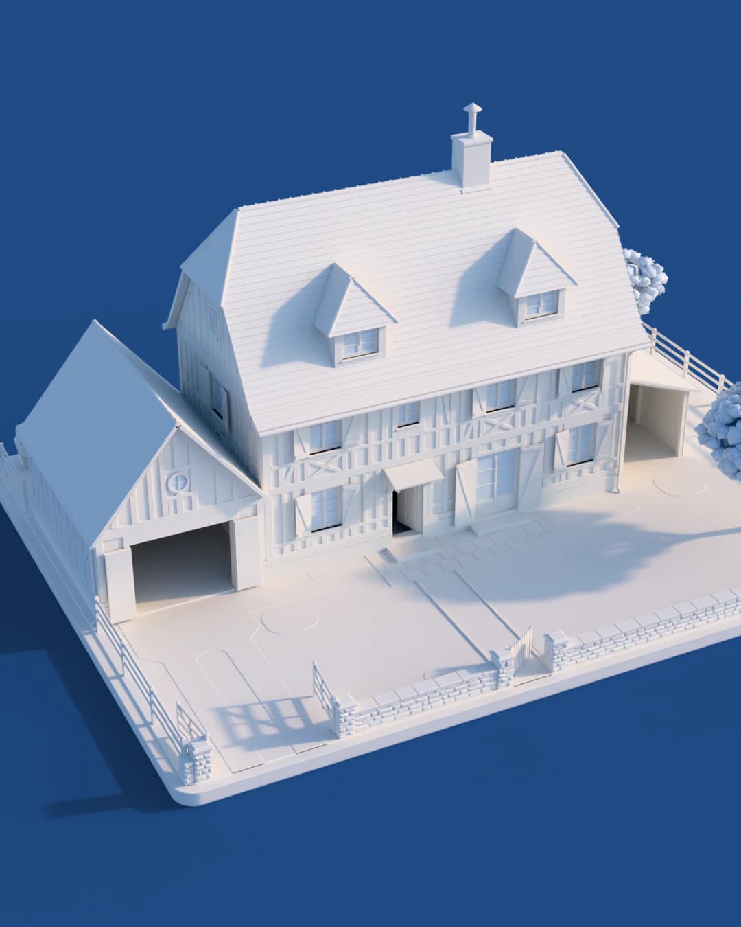 La même maison en maquette blanche, sans couleur : les volumes, le toit et ses lucarnes, le garage, le muret, la haie et les arbres, avec leur ombre sur le fond bleu.